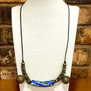Green Jasper, bone and bronze trading beads vintage tribal necklace